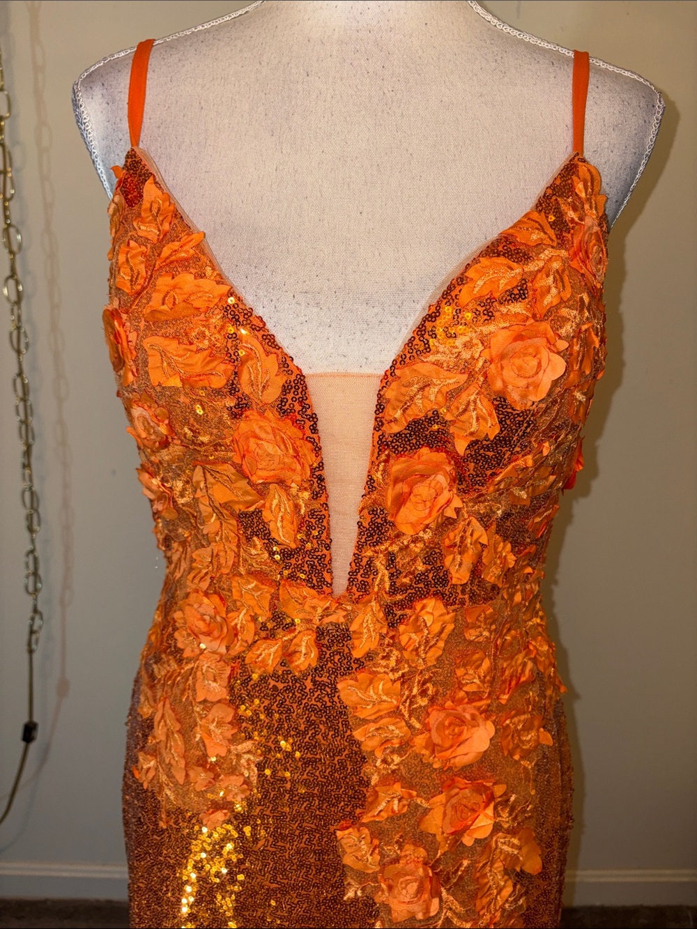 Hebeos orange sequin floral mesh maxi open back prom high slit dress - Picture 3 of 9